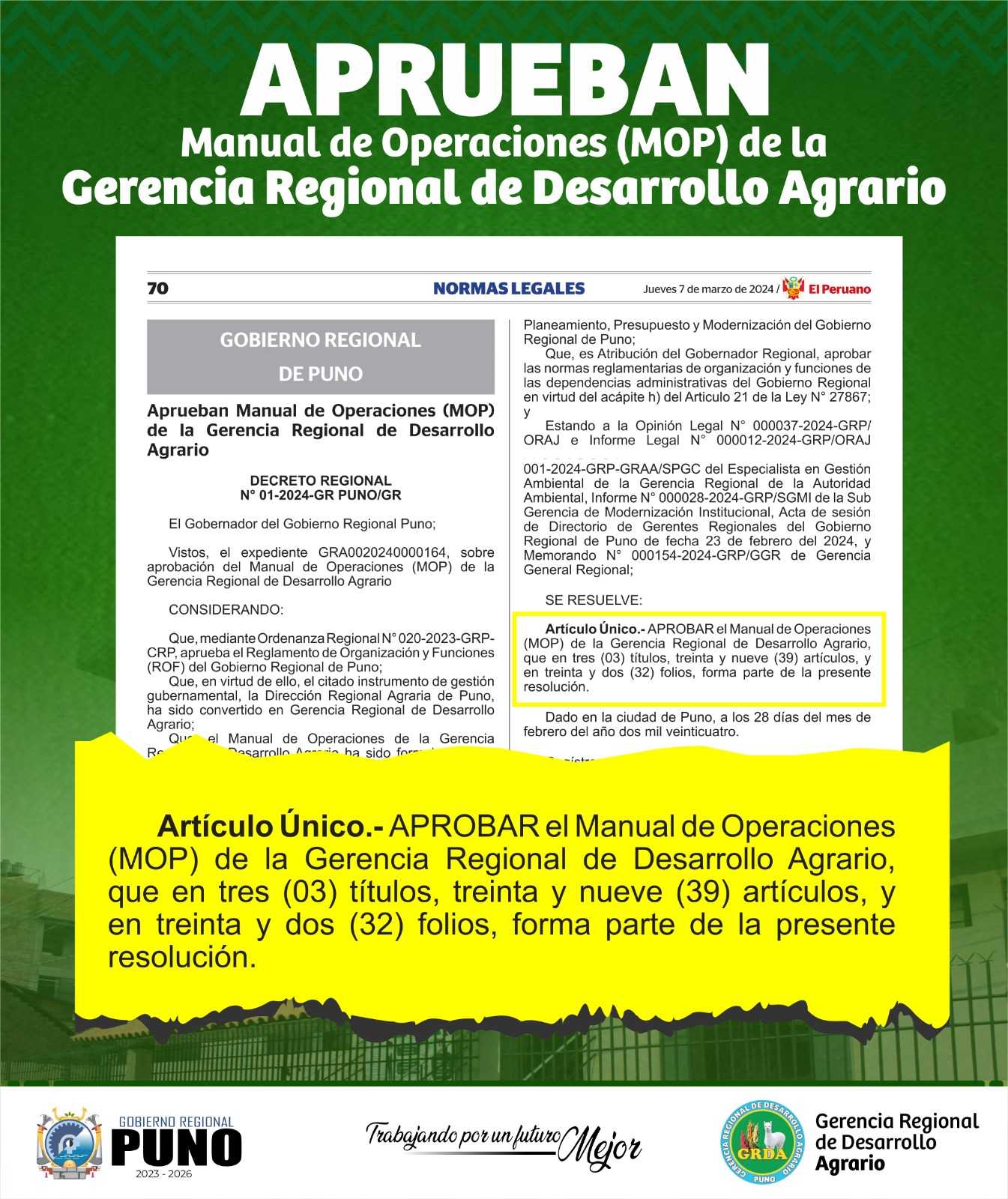 APRUEBAN MANUAL DE OPERACIONES DE LA GERENCIA REGIONALDE DESARROLLO AGRARIO