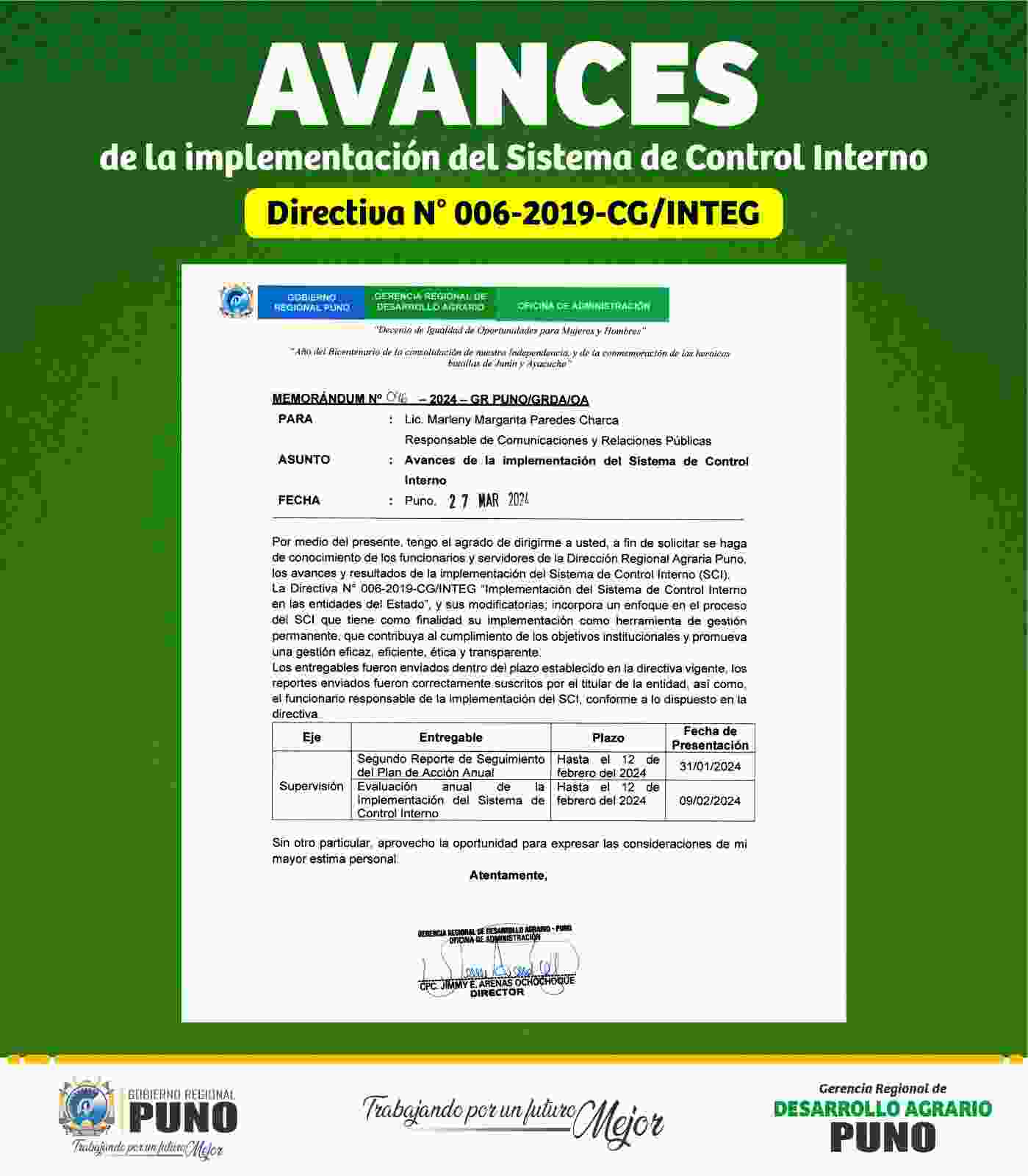 LA OFICINA DE PLANEAMIENTO, PRESUPUESTO Y MODERNIZACIÓN REALIZÓ LA IMPLEMENTACIÓN DEL SISTEMA DE CONTROL INTERNO SEGÚN LA DIRECTIVA N° 006-2019-CG/INTEG